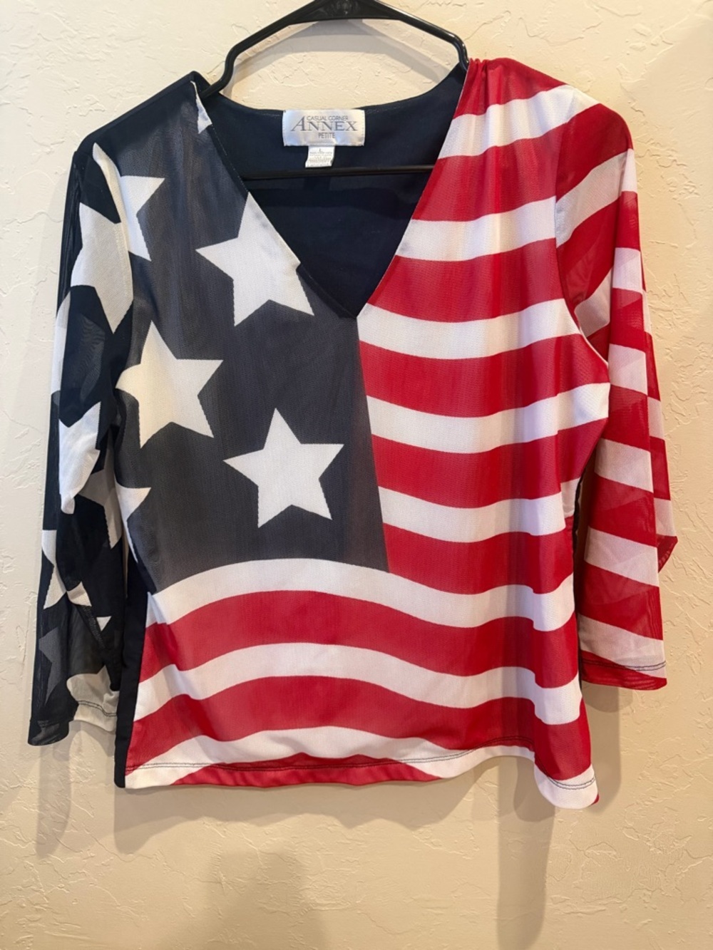 Causal Corner Annex Top petite large American Stars strip July 4th party sheer
